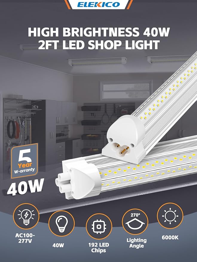 ELEKICO 4 Pack 2ft Led Shop Lights, 6000k 40w 5600lm 24 Inch Led Light Fixture Power Cord Wth on/Off Switch, Linkable 2ft Shop Light for Small Garage Ceiling Storage Area Workbench Basement Attic
