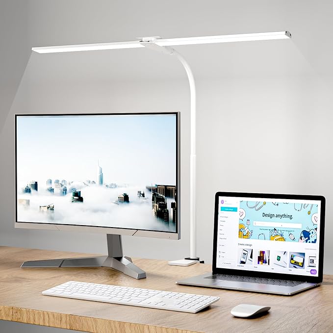 Hensam LED Desk Lamp with Clamp, Double Head Desk Light for Home Office, Dimmable Desktop Light, 12W 1400lm Eye-Caring Architect Table Lamp for Workbench Monitor Computer Reading Study, White