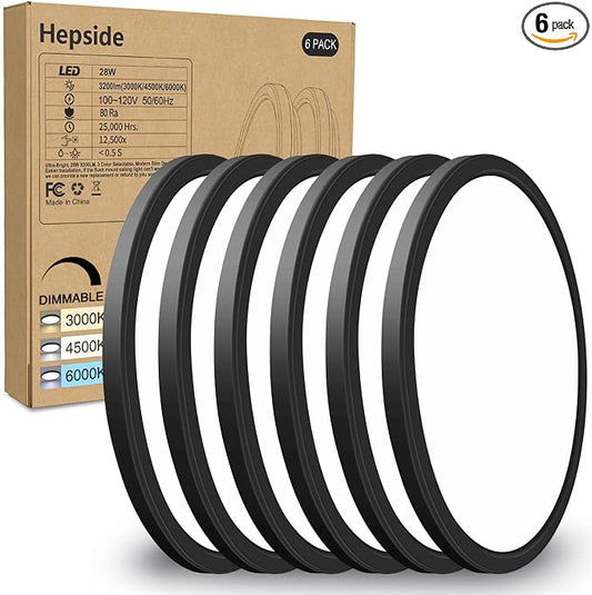 hepside 6PACK Flush Mount LED Ceiling Light Fixture Black, 12Inch 28Watt, Dimmable & 3000K-4500K-6000K Ceiling Lamp 3200LM Low Profile Ceiling Light for Kitchen Bedroom Hallway Porch
