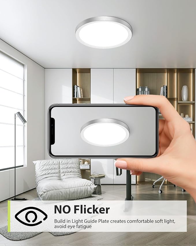 hepside 1PACK Flush Mount LED Ceiling Light Fixture Brushed Nickel, 12Inch 28W, Dimmable 3000K-4500K-6000K Ceiling Lamp 3200LM Low Profile Ceiling Light for Kitchen Bedroom Hallway