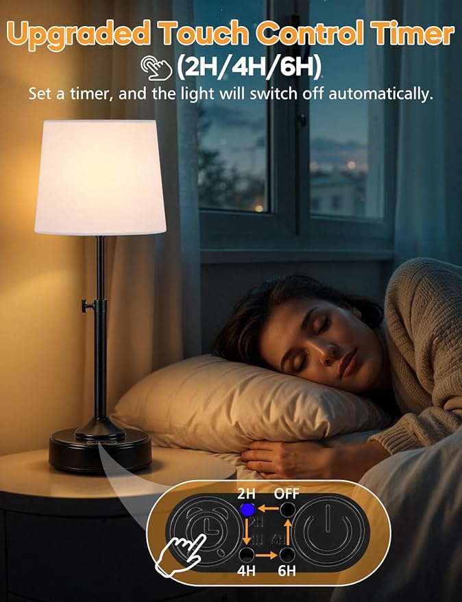 Height Adjustable Cordless Table Lamp Rechargeable with Timer, 3-Way & Stepless Dimmable LED Battery Operated Table Lamp, Wireless Battery Powered Lamp, Black Touch lamps for Nightstand Countertop