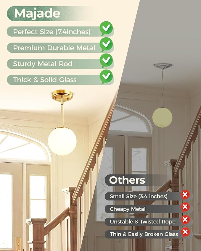 Majade Globe Pendant Lights Kitchen Island Mid Century Modern Pendant Light Fixtures 2 Pack 7.4 Inch Gold Ceiling Lighting with Milk Glass Shade Adjustable Brushed Brass Hanging Light for Dining Room