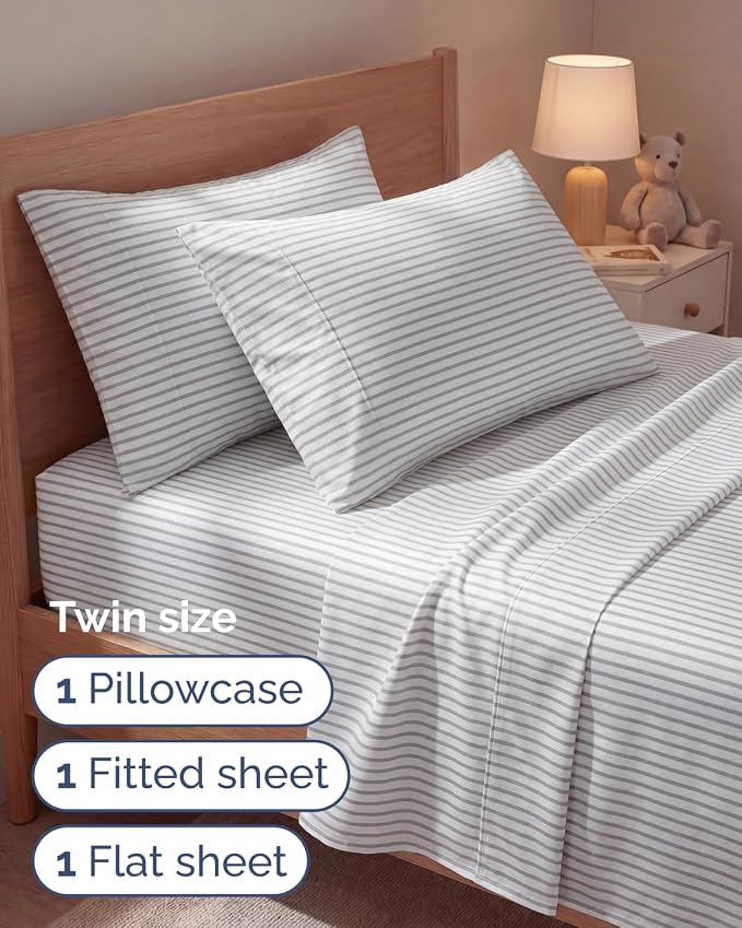 Twin 4 Piece Sheet Set - Comfy Breathable & Cooling - Soft Hotel Luxury Bedding Set with 8-16 Inch Deep Pockets - 1 Flat & 1 Fitted Sheet & 2 Pillowcases - Wrinkle Free & Easy Care - Grey Stripes 2