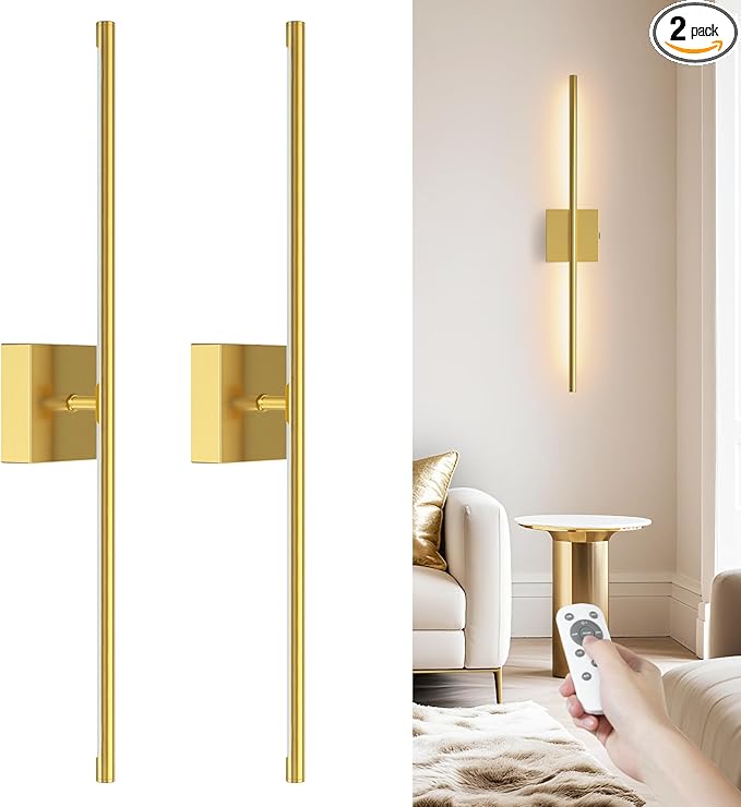 VOLISUN Battery Operated Wall Sconces Set of Two, Rechargeable Wall Sconces with Remote, 3000K-6500K Dimmable Battery Wall Sconce Decor, 27.6'' Wireless Wall Lights for Bedroom, Living Room(Gold)