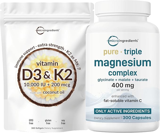 Micro Ingredients Vitamin D3 10,000iu + K2 200mcg Softgels & Pure Triple Magnesium Complex 400mg Capsules | 2 Pack Bundle | Essential D & K Sunshine Vitamins | Glycinate, Malate, & Taurate Forms