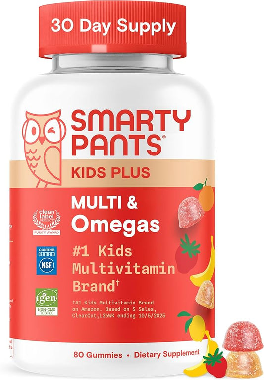 Gummies Multivitaminées SmartyPants pour Enfants - Formule améliorée : Oméga 3 (DHA/EPA), Vitamines D3, C, B12, B6, Vitamine A, K et Zinc, Sans Gluten, Trois Saveurs de Fruits, 80 Gommes (40 Jours d'Approvisionnement)