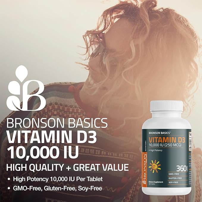 Bronson ビタミンD3 10,000 IU (250 MCG) 健やかな筋肉機能と免疫をサポート、非遺伝子組み換え、180粒