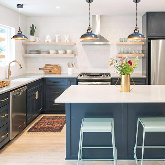 CLAXY Kitchen Pendant Light Blue Metal Barn Shade Modern Dimmable Pendant Lighting-Adjustable Hanging Light Fixture 10.63" for Kitchen Dining Foyer Loft Bar Coffee Restaurant