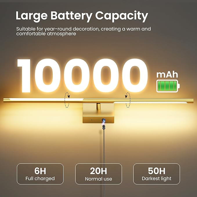 Battery Operated Wall Sconces Set of Two, 10000mAh Rechargeable Wall Lights with Remote Control, 360° Rotate Dimmable Gold LED Cordless Lamps for Bedroom, Living Room, Hallway, 29 Inch, 3CCT