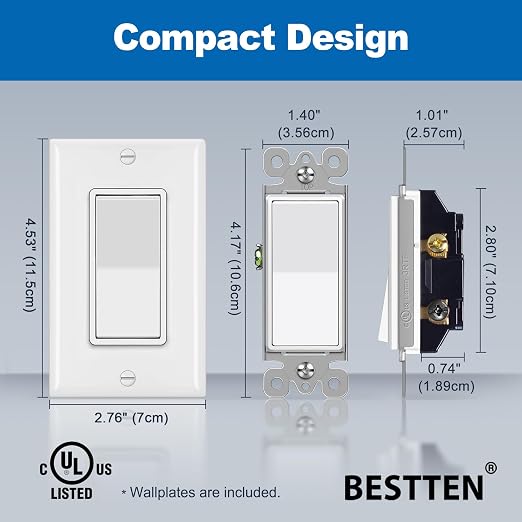 BESTTEN 20 Pack 3-Way Decorator Wall Light Switch with Wallplate, 15A 120V/277V, Single Pole or Three Way, On/Off Rocker Paddle Wall Switch, 3 Wire, Residential and Commercial Grade, UL Listed, White