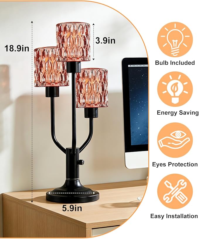 Mid Century Modern Table Lamp for Living Room Dimmable Nightstand Lamp Black Vintage Desk Lamp with Red Glass 3 Bulbs Included Warmwhite Ambient Bedside Lamps for Bedroom Office Home Decor