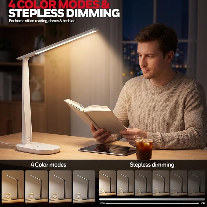 Honeywell LED Desk Lamp for Home Office, Eye-Caring Dimmable Reading Light with 4 Color Modes, Touch Control, USB-A & USB-C Charging Ports, Adjustable Head, Timer for Bedroom & Small Desks