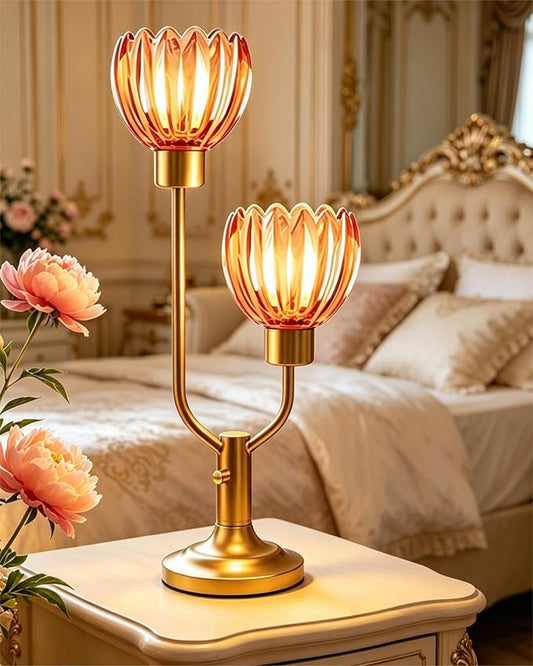Lightdot Flower Table Lamp Dimmable Nightstand Lamp Mid Century Modern Red Glass Vintage Gold Desk Lamp 2 Bulbs Included Warmwhite Ambient Bedside Lamps for Living Room Bedroom Home Office Decor Gift