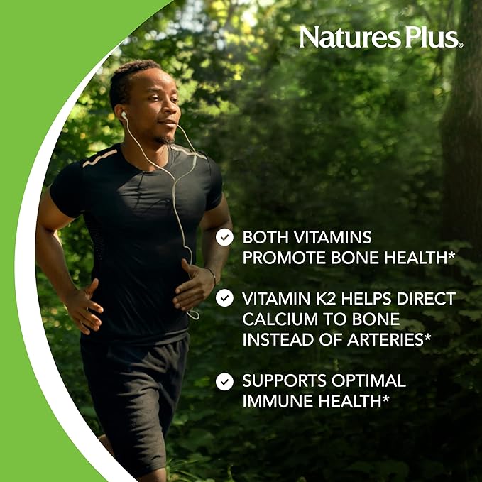 NaturesPlus Vitamines D3 (1000 UI) & K2 (100 mcg) - Végétarien, Sans Gluten - 90 Gélules, 90 Portions