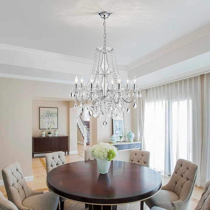Modern Crystal Chandelier, 8-Light Crystal Chandeliers for Dining Room Light Fixture, Crystal Pendant Ceiling Light Chrome Lighting Fixture for Living Room Hallway Foyer Bedroom Kitchen Bathroom