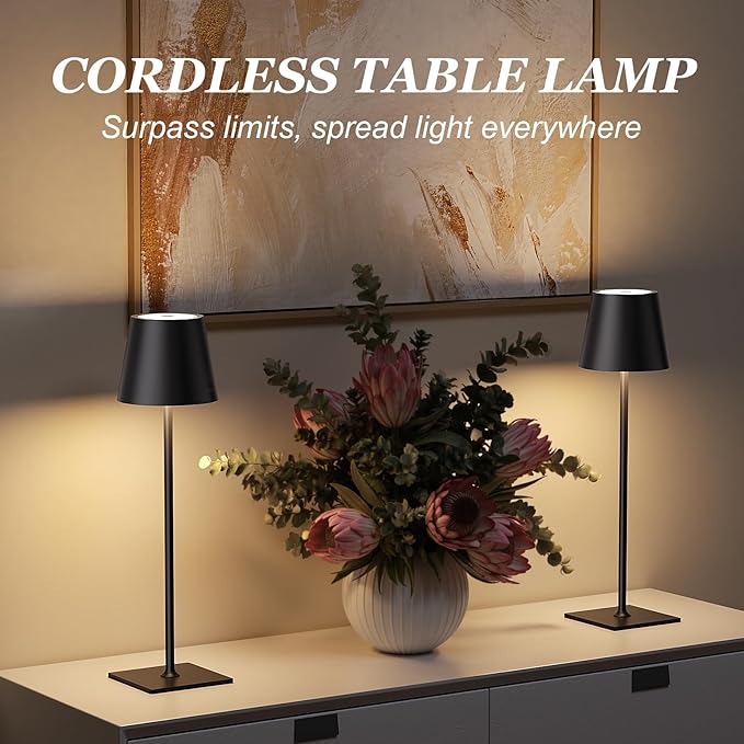 Kakanuo Cordless Rechargeable Table Lamp Black 5000mAh Battery Operated Lamps, 3 Colors Stepless Dimming Touch Lamp for Living Room, Kitchen Counter, Dining, Outdoor Patio, 2 Pack