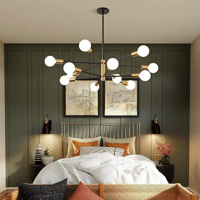 KAISITE Modern Chandelier 12-Light Sputnik Chandeliers Black and Gold Chandelier Light Fixtures for Dining Room Over Table Mid Century Height Adjustable High Ceiling Kitchen Farmhouse Chandelier