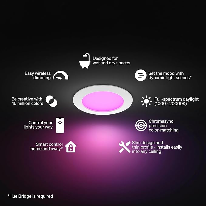 Philips Hue Slim Downlight, Recessed LED Ceiling Light 1-Pack, 1200 lm, 6-inch, Canless Design, Full-Spectrum Daylight 1000K-20000K, Ultra-Low Dimming, Precise Color, Smart Lighting, White