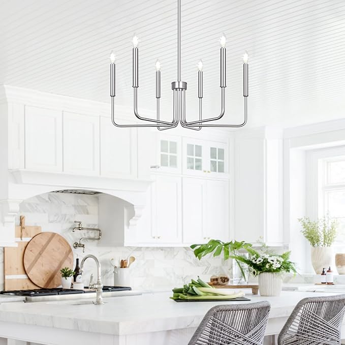6-Light Farmhouse Chandelier for Dining Room Lighting Fixtures Hanging, Brushed Nickel Dining Light Fixtures Industrial Chandelier for Bedroom, Foyer, Hall, Kitchen, Living Room and Entryway