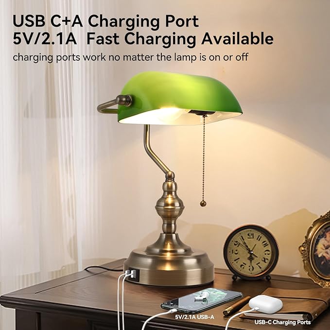 Green Glass Banker's Desk Lamp, Antique Banker Desk Lamps with USB Charging Port, Traditional Library Lamp, Vintage Desk Lamp Green Shade for Office Study Room, Pull Chain Switch
