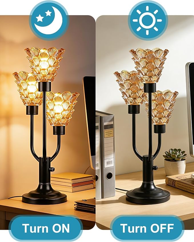 Glass Vintage Table Lamp Dimmable Nightstand Lamp Mid Century Modern Black Desk Lamp Brown Glass 3 Bulbs Included Warmwhite Ambient Bedside Lamps for Living Room Bedroom Office Home Decor