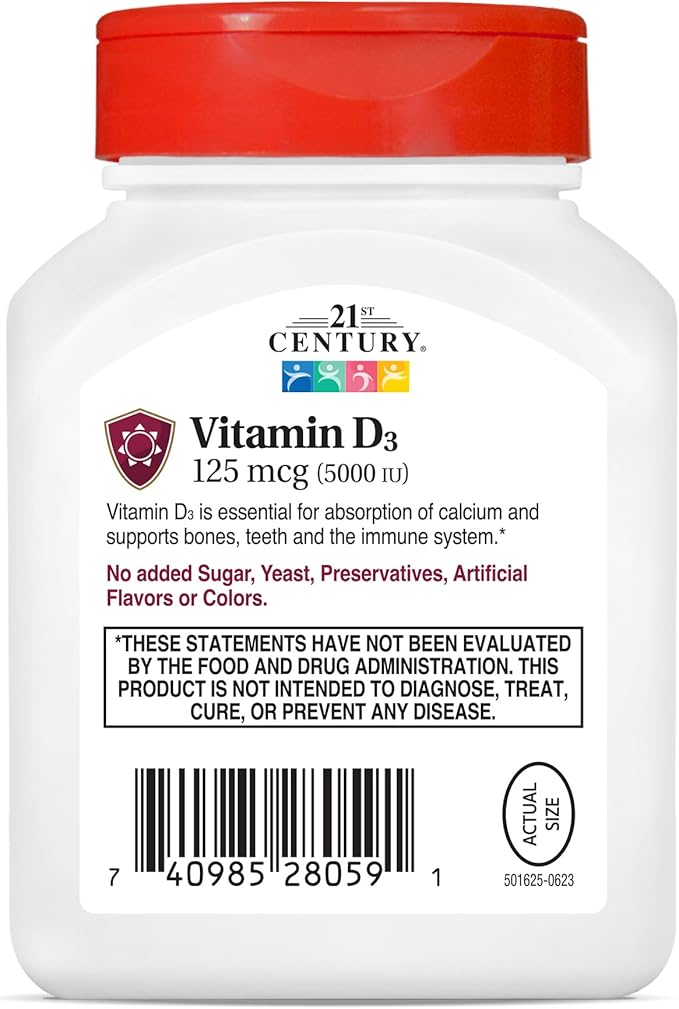 21st Century Healthcare Vitamine D3 125 µg (5 000 UI) Gélules à libération rapide, 110 unités