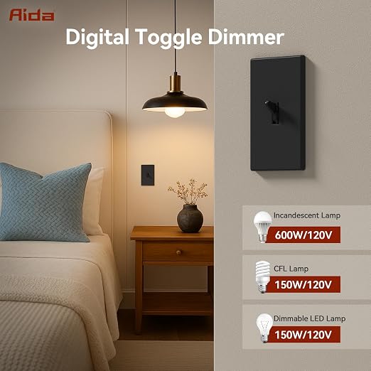 AIDA Digital Toggle Dimmer Switch for Dimmable LED, CFL & Incandescent Bulbs, Single Pole/3-Way, Screwless Wall Plate Included, UL Listed, No Neutral Wire Needed, Black, (2 Pack)