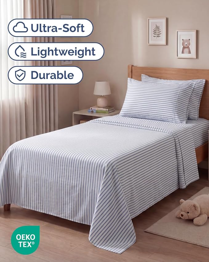 Twin 4 Piece Sheet Set - Comfy Breathable & Cooling - Soft Hotel Luxury Bedding Set with 8-16 Inch Deep Pockets - 1 Flat & 1 Fitted Sheet & 2 Pillowcases - Wrinkle Free & Easy Care - Blue Stripes 2