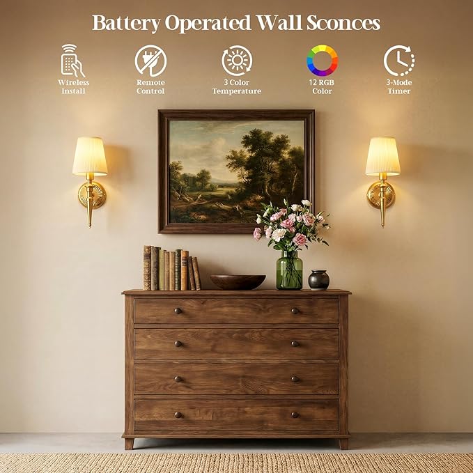 Battery Operated Wall Sconces Set of 2, Wireless Rechargeable Wall Lights with 12 RGB Colors and 3CCT Dimmable, Small Fabric LED Wall Lamps for Bedroom, Living Room, Hallway, Gold