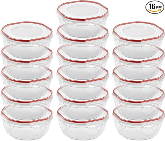 Sterilite Ultra-Seal 4.7 Qt Bowl, Large Airtight Food Storage Container, Latching Lid, Microwave and Dishwasher Safe, Clear With Red Gasket, 16-Pack