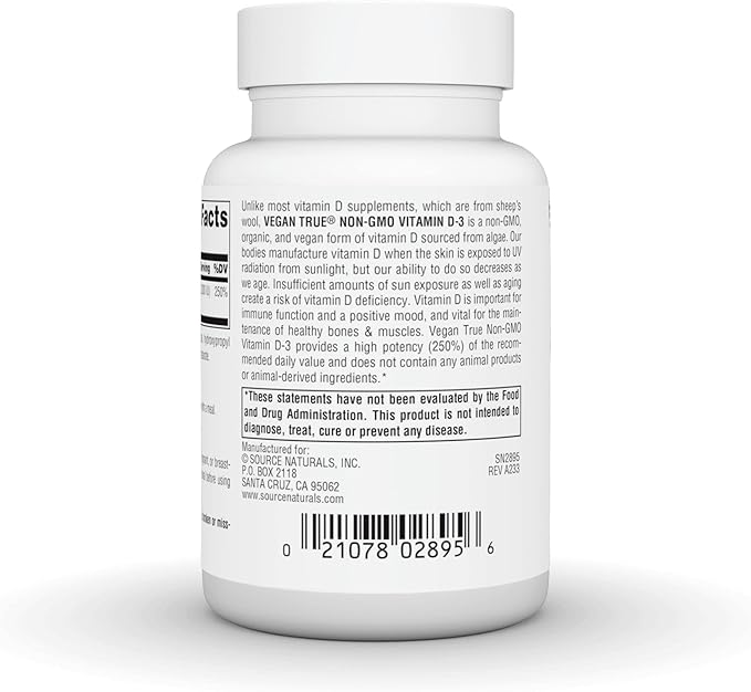 Source Naturals Vegan True, Vitamine D-3 sans OGM, Complément Alimentaire pour la Santé Immunitaire et Osseuse*, 2 000 UI - 90 Gélules