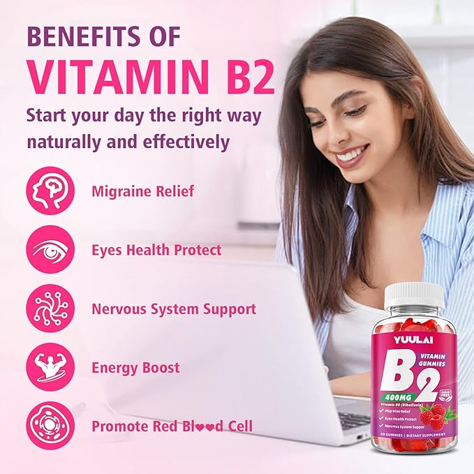 Paquet de Gommes de Vitamine B2 400mg | Supplément de Riboflavine avec Magnésium pour Enfants et Adultes, Gommes B2 pour le Soulagement de la Migraine, la Santé du Système Nerveux et de la Peau, Végétalien, Sans Sucre, Saveur Framboise, 120 Unités