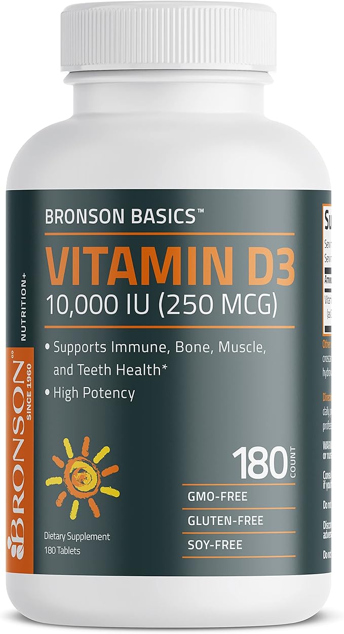 Bronson ビタミンD3 10,000 IU (250 MCG) 健やかな筋肉機能と免疫をサポート、非遺伝子組み換え、180粒