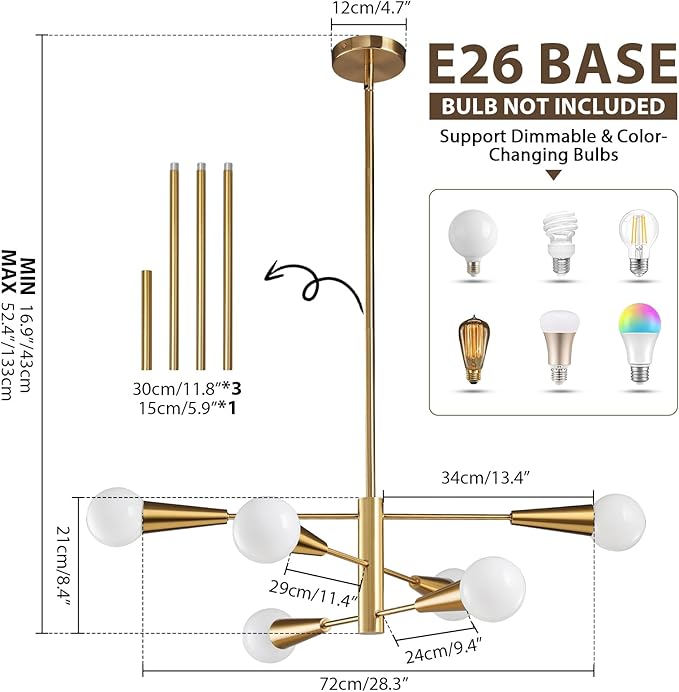 KAISITE Sputnik Chandelier Modern Gold Chandelier 6-Light E26 Mid Century Ceiling Light Fixture Height Adjustable Hanging Pendant Lighting for Dining Room Kitchen Island Bedroom Office