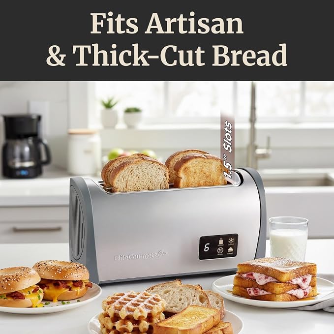 Elite Gourmet Digital Long Slot 4-Slice Toaster – Touch Screen LED Display, Extra Wide 1.5” Slots for Artisan & Bagel Bread, 6 Browning Levels, Defrost & Reheat, Stainless Steel Modern Design