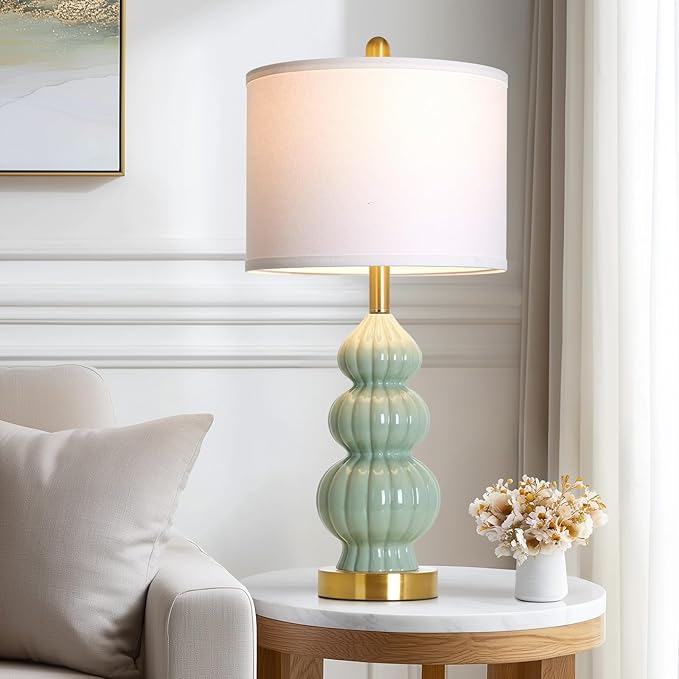 Cinyirong 28" Green Ceramic Table Lamps Set of 2, Modern Bedside Lamps for Night Stands, Triple Gourd Table Lamp for Living Room End Table or Bedroom Nightstand (2 LED Bulbs Included)