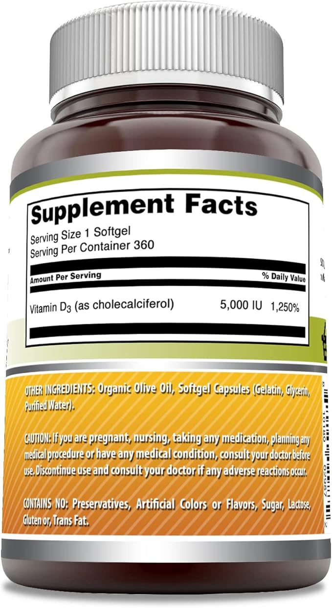 Amazing Formulas Vitamine D3 dans l'huile d'olive 5000 UI | Gélules | Sans OGM | Sans gluten | Fabriqué aux États-Unis (1 paquet | 360 unités)