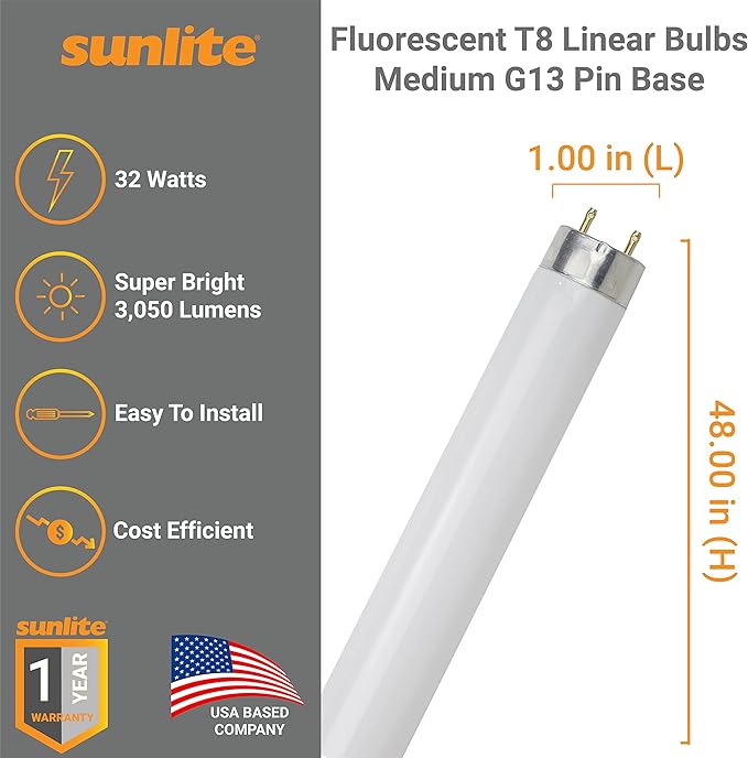 Sunlite F32T8/SP830 T8 Linear Fluorescent Lamp, 32 Watts, 3050 Lumens, 3000K Warm White, Medium G13 Bi Pin Base, High Performance Straight Tube, 30 Pack