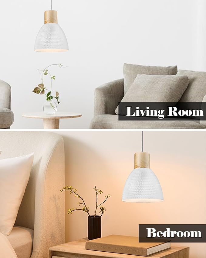 ELYONA 3 Pack White Hammered Pendant Lights for Kitchen Island 7” Small Nordic Solid Wood Hanging Light Fixtures, Modern Metal Pendant Light Fixtures for Bar, Dining Room, Bedroom, Hallway, Office