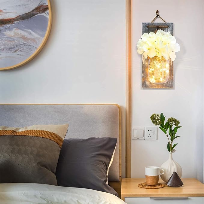 Anount Mason Jar Sconces,Besuerte Rustic Wall Decor Set of Two,LED String Lights for Modern Living Room, Home Decor Living Room Wall Art, 6 Hour Timer Set of 2 Grey (11" H x 4.3" W)