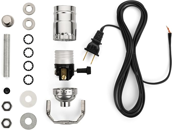 DIY Lamp Wiring Kit, Silver Socket & 8FT Black Cord (1 Pack), For Making & Fixing Table or Floor Lamps, Repair & Rewire Antique or Vintage Lighting Fixtures, Complete Hardware Set