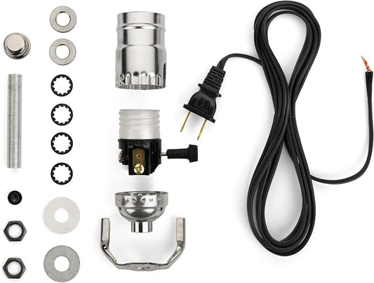 DIY Lamp Wiring Kit, Silver Socket & 8FT Black Cord (1 Pack), For Making & Fixing Table or Floor Lamps, Repair & Rewire Antique or Vintage Lighting Fixtures, Complete Hardware Set