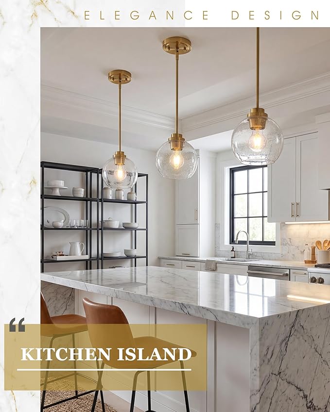 2-Pack Pendant Lights Kitchen Island, 7" Modern Brushed Gold Hanging Lights Fixtures with Clear Seeded Glass Globe Shade, Kitchen Island Lighting for Bathroom, AD-22280-1P2-GD-S