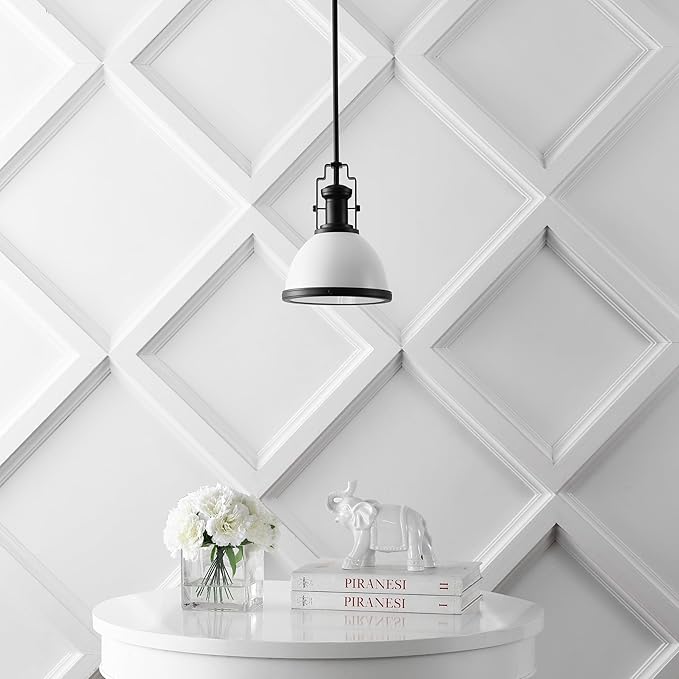 JONATHAN Y 10" Matte Black/White Modern Industrial Iron LED Dome Pendant Light, Adjustable Hanging Fixture for Kitchen Island or Entryway, White Metal Shade, LED Bulb Included (JYL9535E)