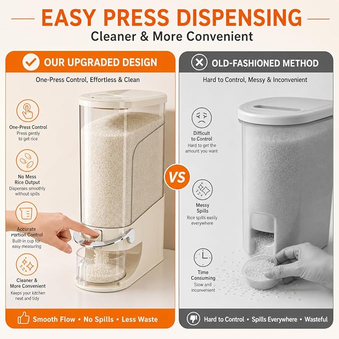 Rice Dispenser 22 Lb, Slim Rice Storage Container with Double Sealing Strip, Press to Dispense Cereal Container Airtight for Kitchen Pantry Organization, (Creamy Yellow-22lb)