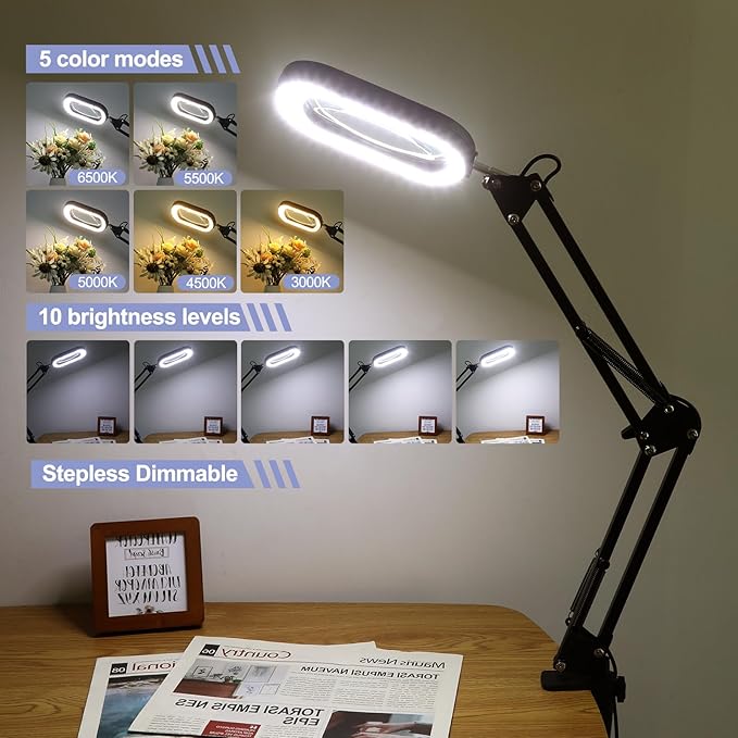 10X Square Magnifying Glass with Light and Stand, Real Glass LED Lighted Magnifier and Phone Holder, 5 Color Modes Stepless Dimmable, Hands-Free Desk Lamp for Craft Hobby Close Work Black and Holder