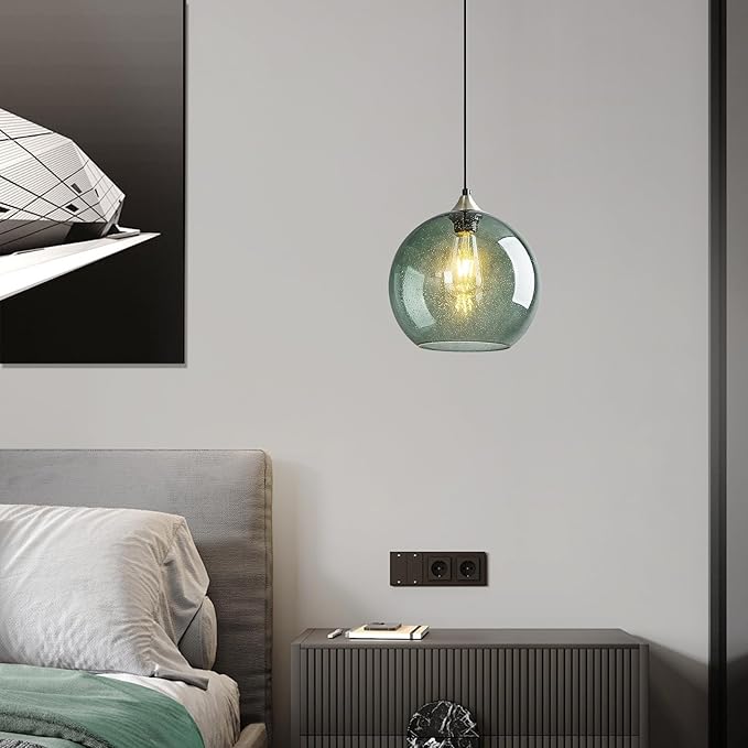 Mikeru Glass Globe Pendant Light Single, 7.87 Inch Gray Green Bubble Glass Hanging Lamp, Mid Century Modern Pendant Lighting for Kitchen Island Dining Room Bedroom (Bulb Not Included)