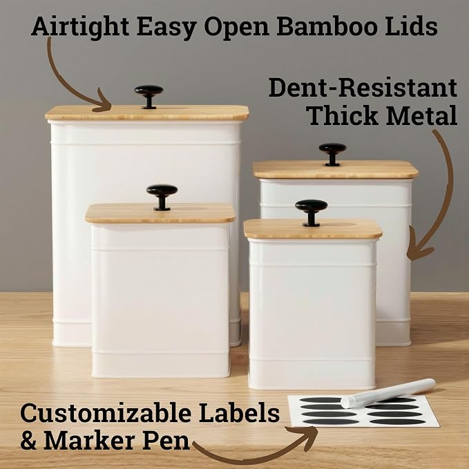 Kitchen Canisters for Countertop Set of 4 with Customizable Chalkboard Labels & Marker Pen - Big Iron Kitchen Canisters with Airtight Lids - Canisters Sets for the Kitchen - White Kitchen Canister Set | Airtight Easy Open Bamboo Lids, Dent-Resistant Th...