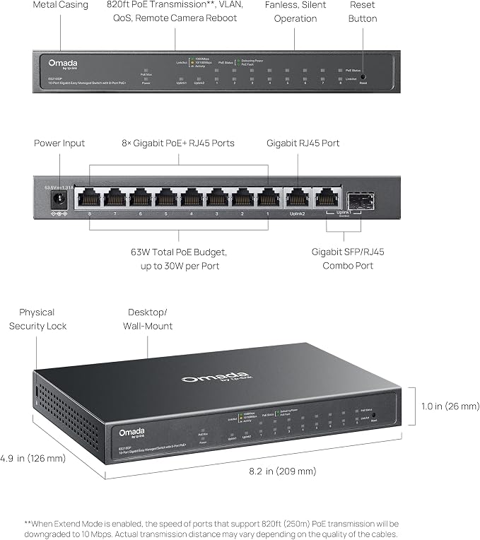 TP-Link Omada 8 Port Gigabit Easy Managed, PoE Switch, 63W Budget, PoE+ Compliant, Up to 250m PoE Distance, Auto Recovery, VLAN, Auto Loop Prevention, Fanless, Managed by Omada(ES210GP)