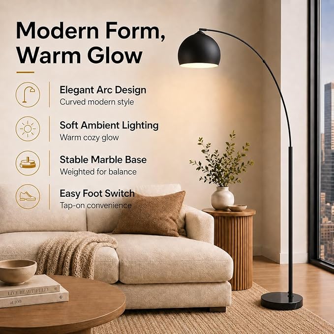 Teamson Home Arquer 66.93" Arc Floor Lamp for Living Rooms, Home Offices, Dining Rooms, Bedrooms with Faux Black Marble Base and Black Bell Shade
